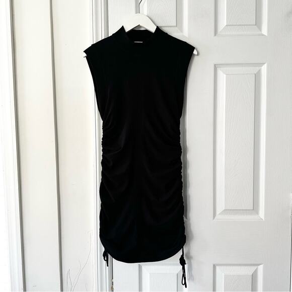 T Alexander Wang Black Crew Neck Ruched Side Drawstring Tie Mini Bodycon Dress - Picture 2 of 10